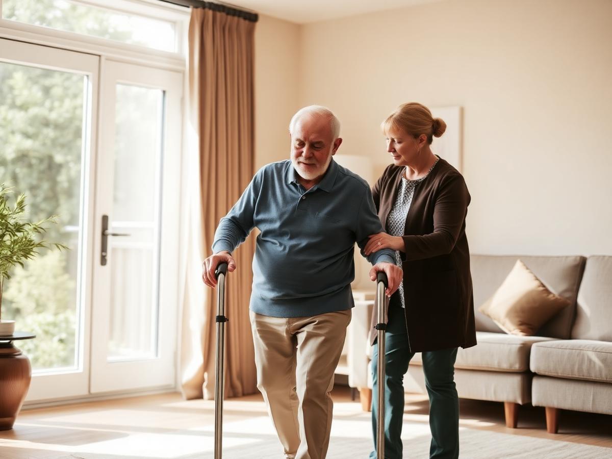 Caregiver supporting an elderly man in his living room